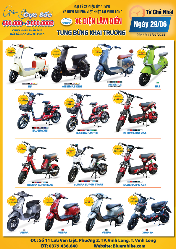 Coming Soon: Khai Trương Đại Lý Xe Điện Chính hãng BLUERA Việt Nhật Lâm Điền – Sự Kiện Bùng Nổ Tại Tp.Vĩnh Long! 1 Ưu đãi cực sốc trong dịp khai trương này